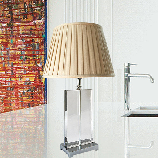 Modernist Crystal Pleated Shade Nightstand Lamp - 1 Light Beige Table Lighting For Bedroom