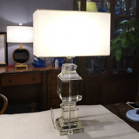 White Crystal Table Lamp - Modern Rectangle Design With Fabric Shade