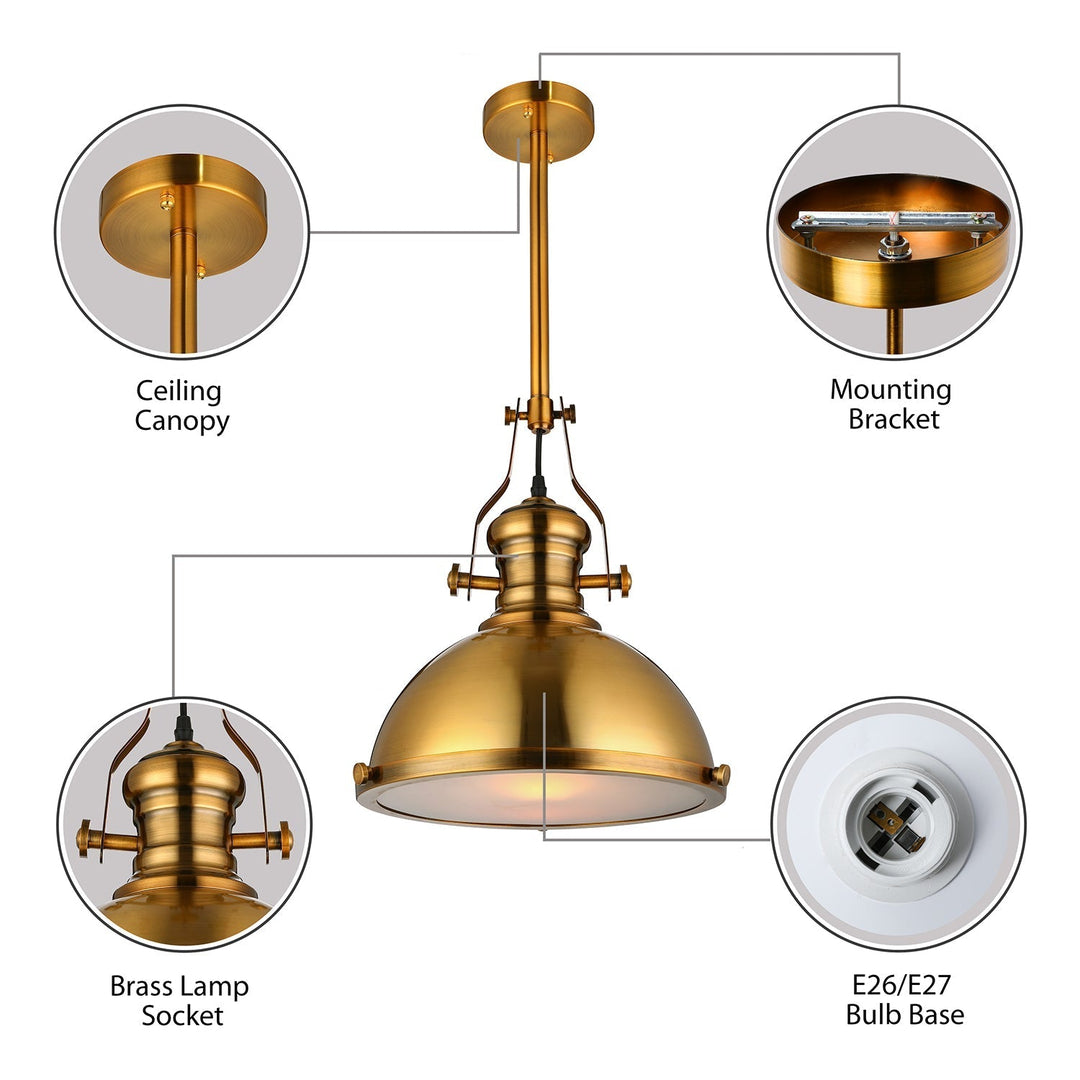 Antique-Style Metal Dome Pendant Light With Frosted Diffuser In Brass