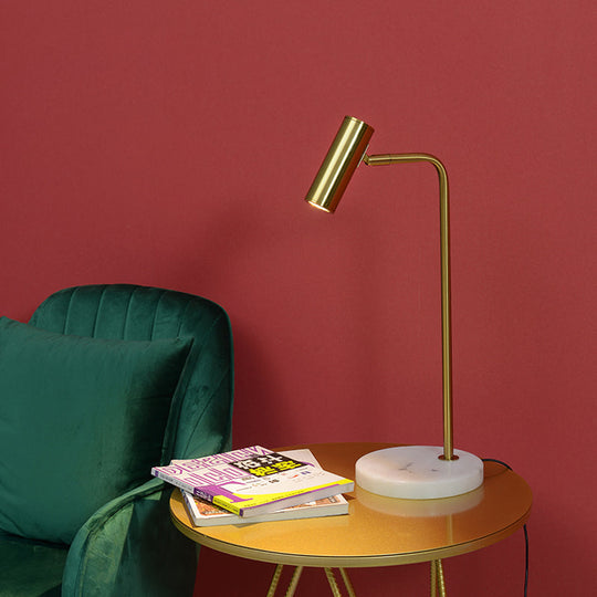 Gold Metal Tubular Nightstand Lamp With Angled Arm Post-Modern Design For Study Room