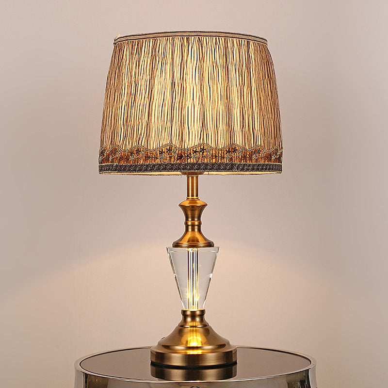 Modern Barrel Fabric Desk Lamp: Brown Night Table Light With Metallic Base