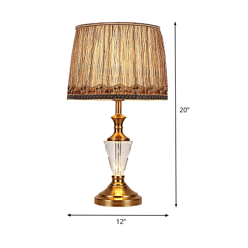 Modern Barrel Fabric Desk Lamp: Brown Night Table Light With Metallic Base