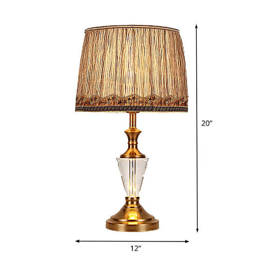 Modern Barrel Fabric Desk Lamp: Brown Night Table Light With Metallic Base