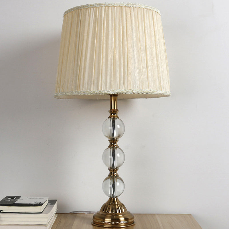 Modern White Ball Desk Lamp With Clear Crystal Base And Drum Fabric Shade - Includes 1 Bulb