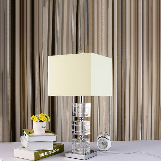 Modernism Small Beige Desk Lamp: Cuboid Fabric Task Lighting With Hand-Cut Crystal