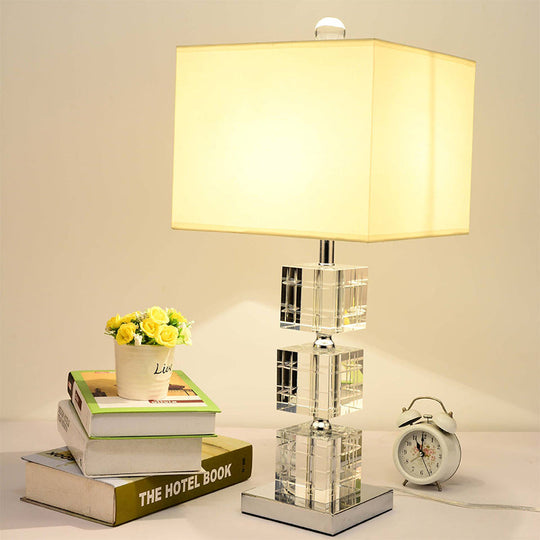 Modernism Small Beige Desk Lamp: Cuboid Fabric Task Lighting With Hand-Cut Crystal