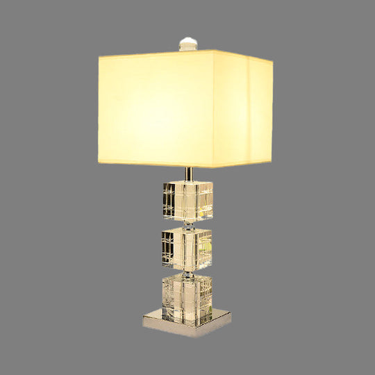 Modernism Small Beige Desk Lamp: Cuboid Fabric Task Lighting With Hand-Cut Crystal