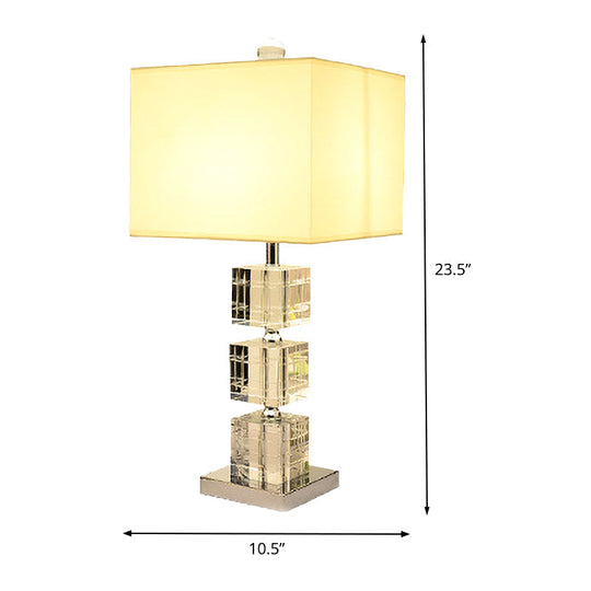 Modernism Small Beige Desk Lamp: Cuboid Fabric Task Lighting With Hand-Cut Crystal