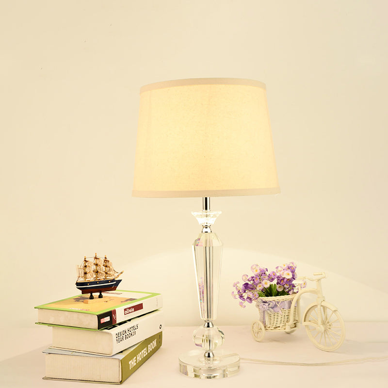 White Fabric Table Lamp With Hand-Cut Crystal Accent And Modern Baluster Design