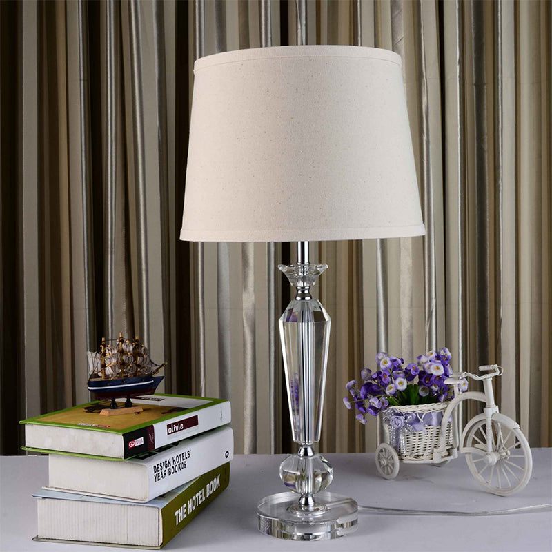 White Fabric Table Lamp With Hand-Cut Crystal Accent And Modern Baluster Design