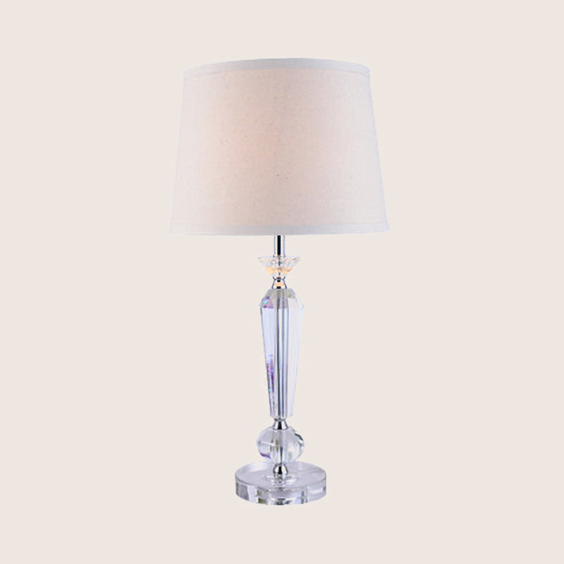 White Fabric Table Lamp With Hand-Cut Crystal Accent And Modern Baluster Design