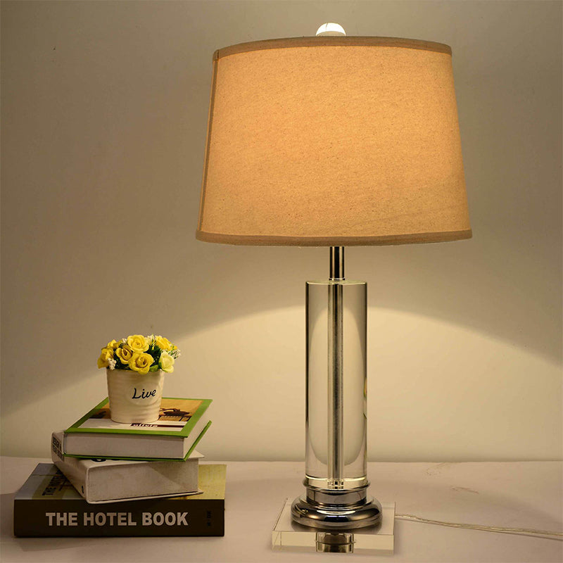 Modern White Barrel Night Table Lamp - 1 Head Task Lighting With Fabric Shade And Crystal Base