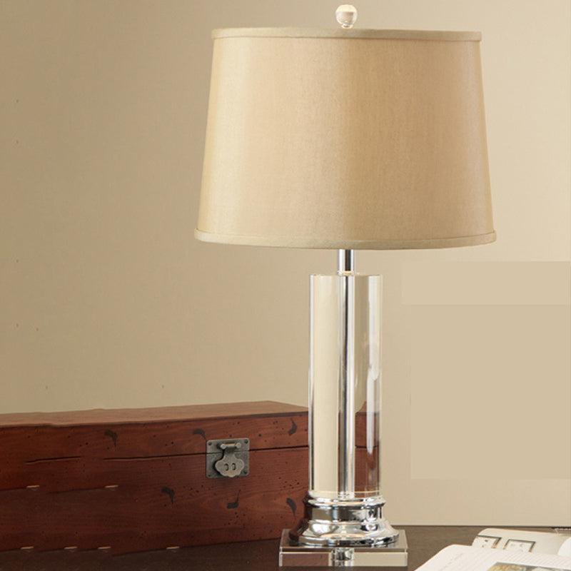 Modern White Barrel Fabric Table Lamp With Clear Cylinder Crystal - 1 Bulb Reading Book Light