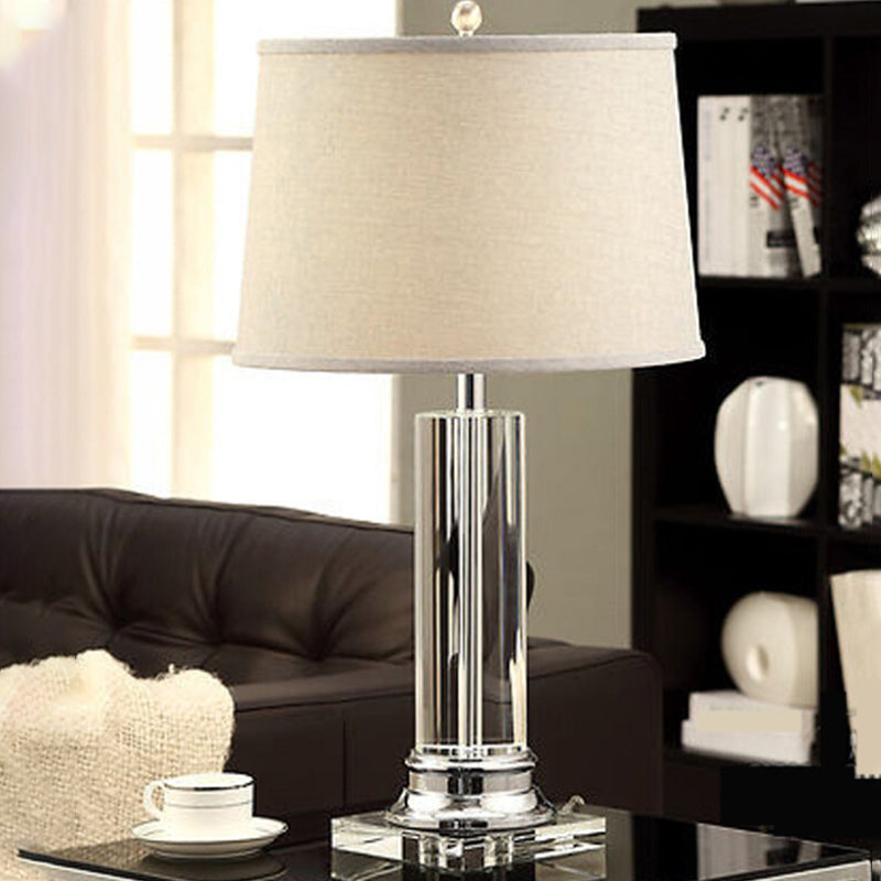 Modern White Barrel Fabric Table Lamp With Clear Cylinder Crystal - 1 Bulb Reading Book Light