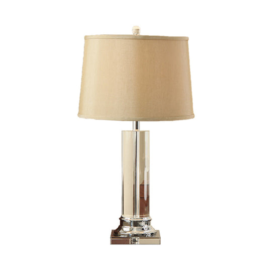 Modern White Barrel Fabric Table Lamp With Clear Cylinder Crystal - 1 Bulb Reading Book Light