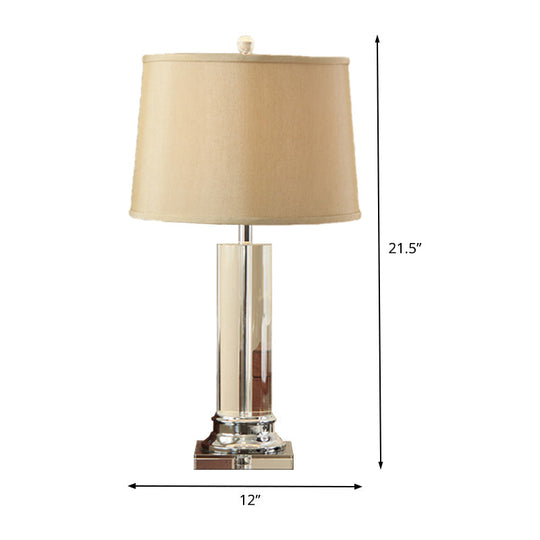 Modern White Barrel Fabric Table Lamp With Clear Cylinder Crystal - 1 Bulb Reading Book Light