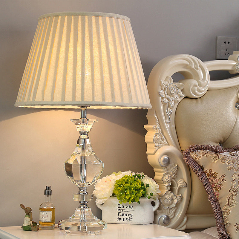 Modern Wide Flare Task Lamp: Beige Fabric 1-Head Urn Crystal Detail - Ideal For Living Room Reading