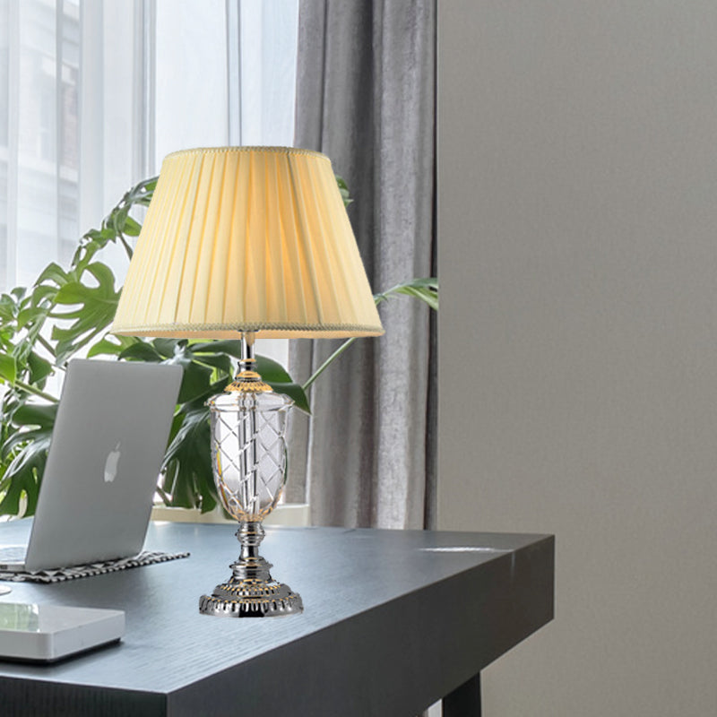 Clear Crystal Desk Lamp: Modern Table Light With Cone Fabric Shade Beige