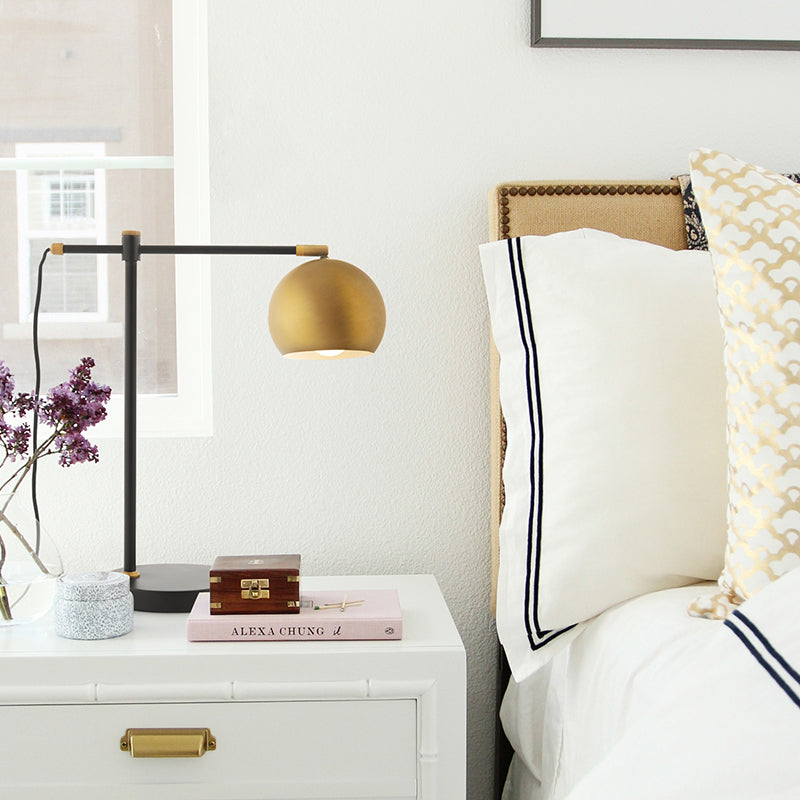 Post-Modern Brass Bedroom Nightstand Lamp With Metal Globe Shade