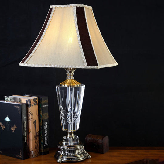 Modern Beige Fabric Bell Table Lamp With Sculpted Bronze Metallic Base