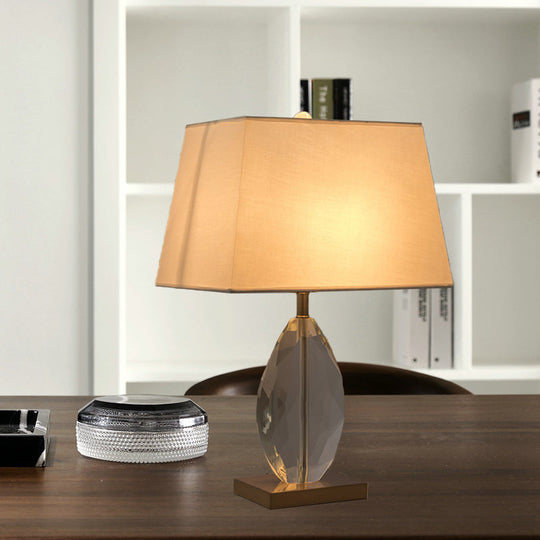 Modernism Teardrop Reading Light With Beveled Crystal Accent - White Nightstand Lamp Fabric Shade