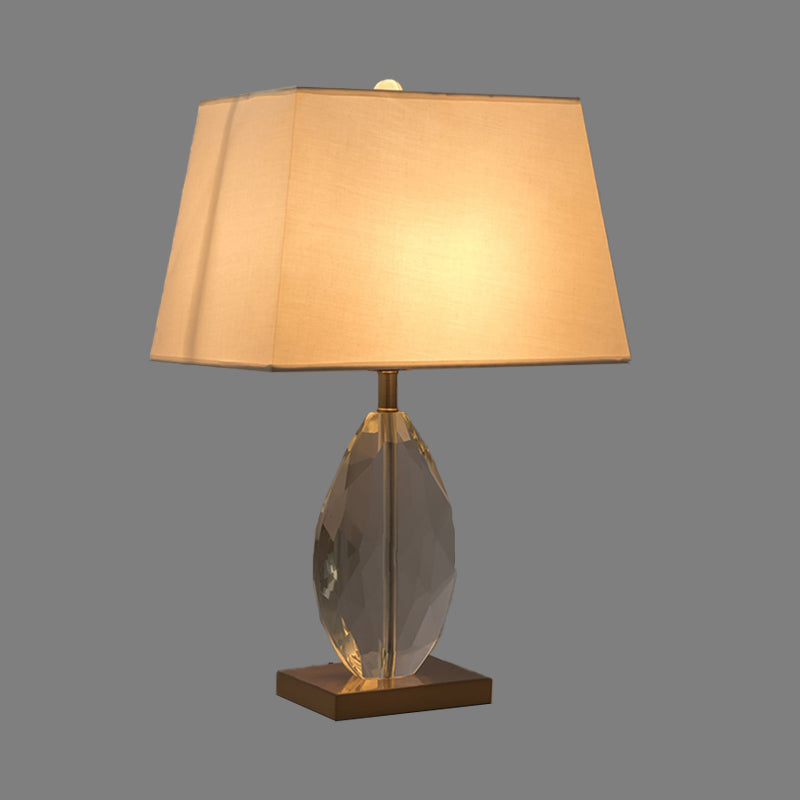 Modernism Teardrop Reading Light With Beveled Crystal Accent - White Nightstand Lamp Fabric Shade