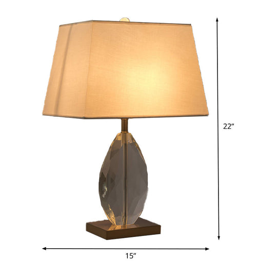 Modernism Teardrop Reading Light With Beveled Crystal Accent - White Nightstand Lamp Fabric Shade