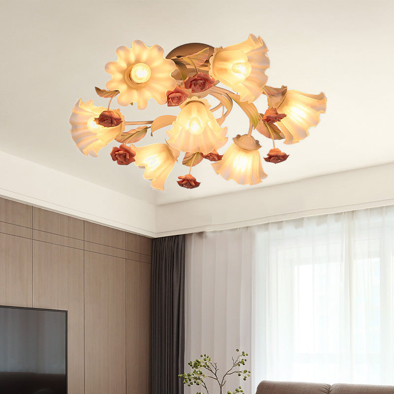 White Korean Garden Metal Flower Semi Flush Mount Ceiling Light for Living Room - 4/7 Lights