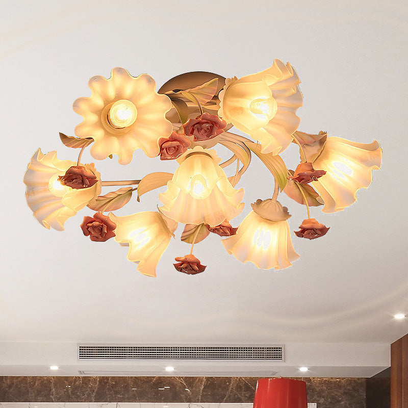 White Korean Garden Metal Flower Semi Flush Mount Ceiling Light for Living Room - 4/7 Lights