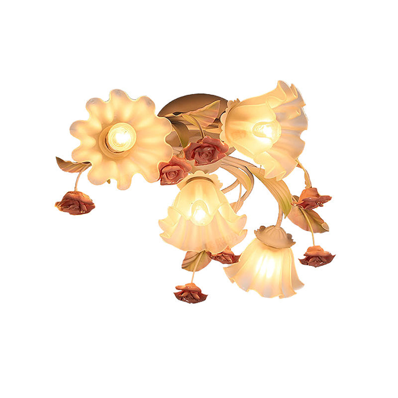 White Korean Garden Metal Flower Semi Flush Mount Ceiling Light for Living Room - 4/7 Lights