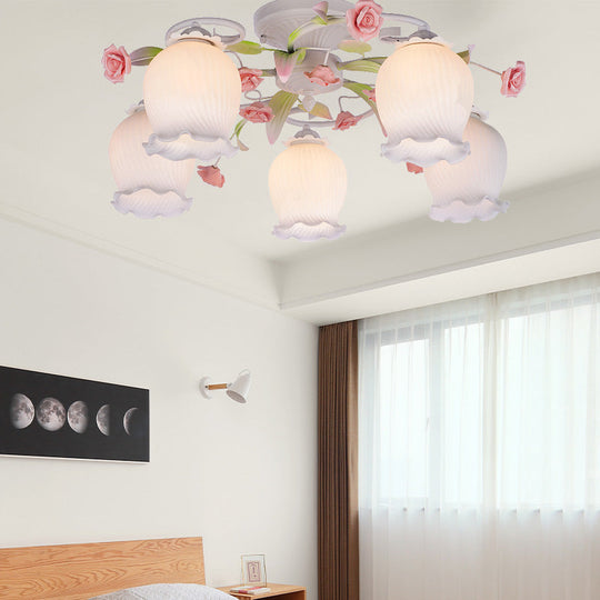 Scalloped Metal Ceiling Light with 5 Bulbs for Bedroom - Pastoral Flower Design