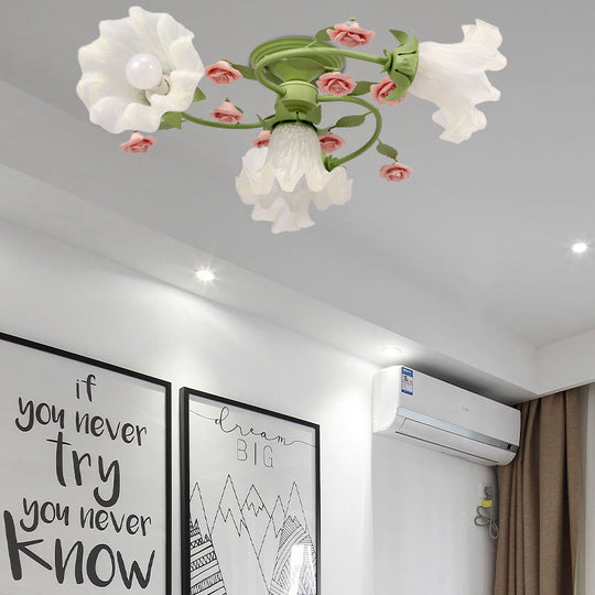 Korean Flower Metal Ceiling Light - Spiral Bedroom Semi Flush with 4 Bulbs for Green Close-to-Ceiling Lighting