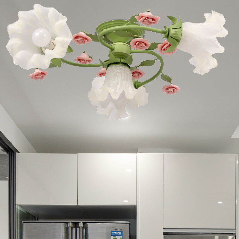 Korean Flower Metal Ceiling Light - Spiral Bedroom Semi Flush with 4 Bulbs for Green Close-to-Ceiling Lighting