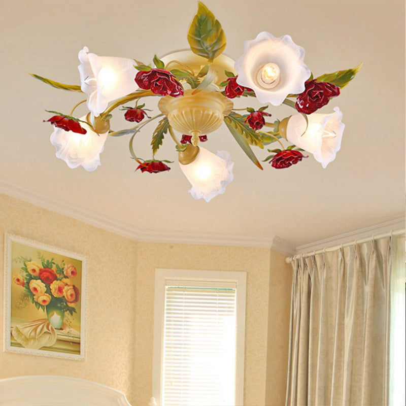 Rose Semi Flush Mount Coffee Metal Ceiling Lamp with Bulbs - Perfect for Country Living Rooms