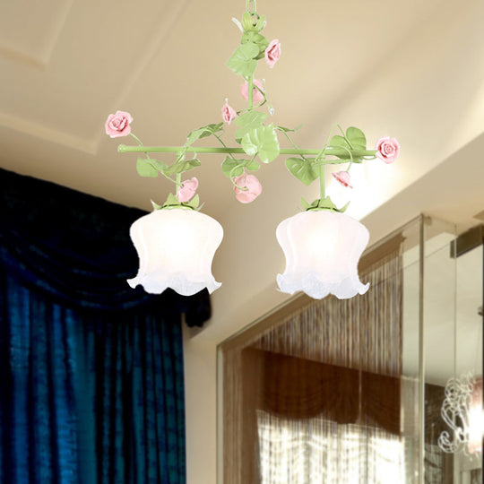 Korean Garden Hanging Light Fixture with White Glass and Floral Design