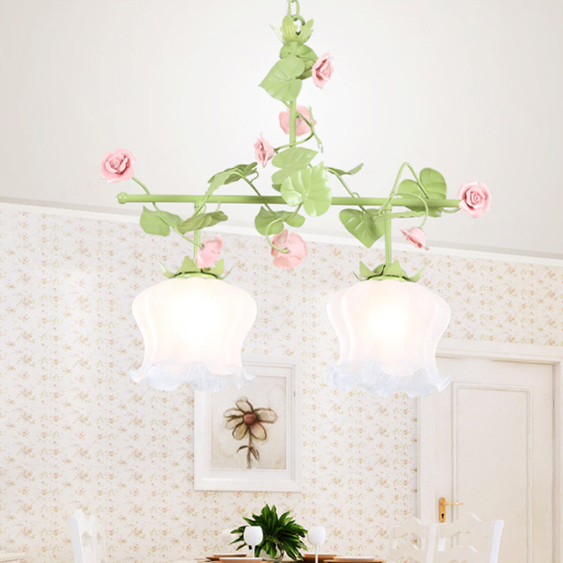 Korean Garden Hanging Light Fixture with White Glass and Floral Design