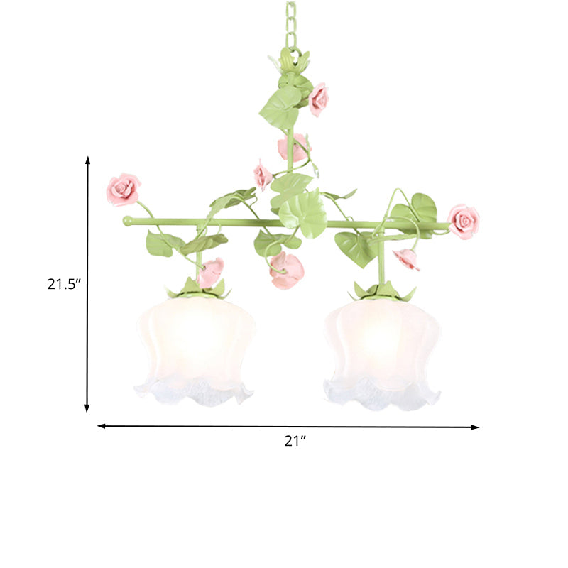 Korean Garden Hanging Light Fixture with White Glass and Floral Design