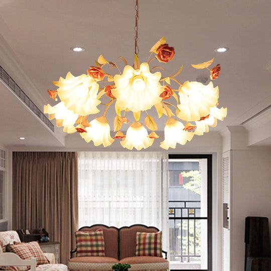 Korean Flower White Glass Scalloped Chandelier Lamp - 9 Bulb Ceiling Fixture For Living Room