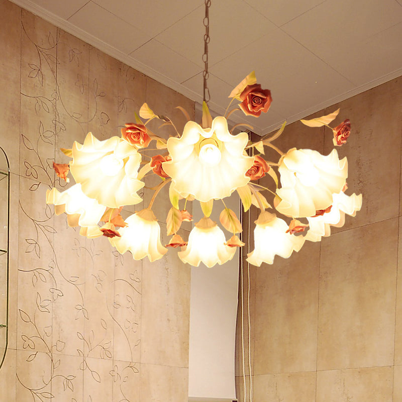 Korean Flower White Glass Scalloped Chandelier Lamp - 9 Bulb Ceiling Fixture For Living Room