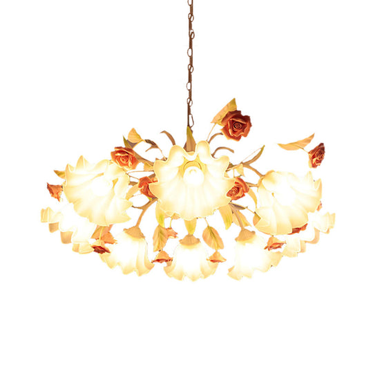 Korean Flower White Glass Scalloped Chandelier Lamp - 9 Bulb Ceiling Fixture For Living Room