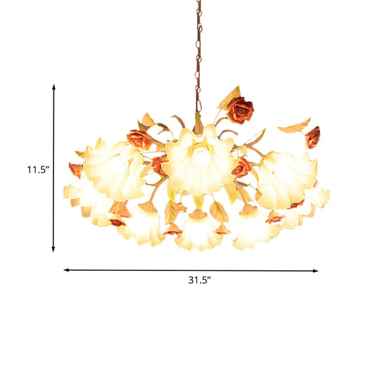 Korean Flower White Glass Scalloped Chandelier Lamp - 9 Bulb Ceiling Fixture For Living Room