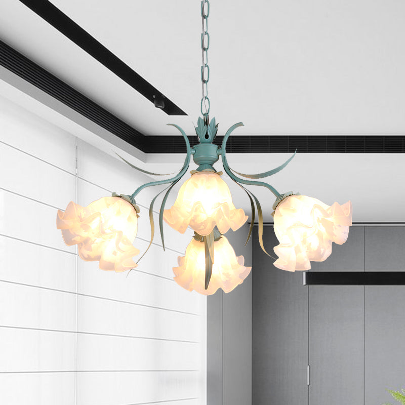 Green Glass Countryside Chandelier: White Hanging Bloom Pendant For Living Room (4/6/9 Lights) 4 /