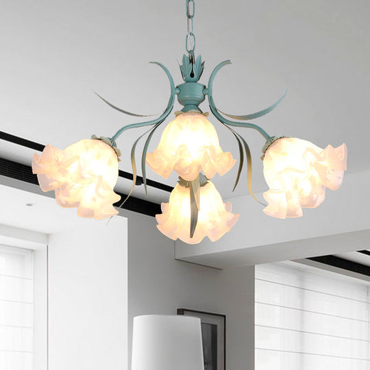 Green Glass Countryside Chandelier: White Hanging Bloom Pendant For Living Room (4/6/9 Lights)