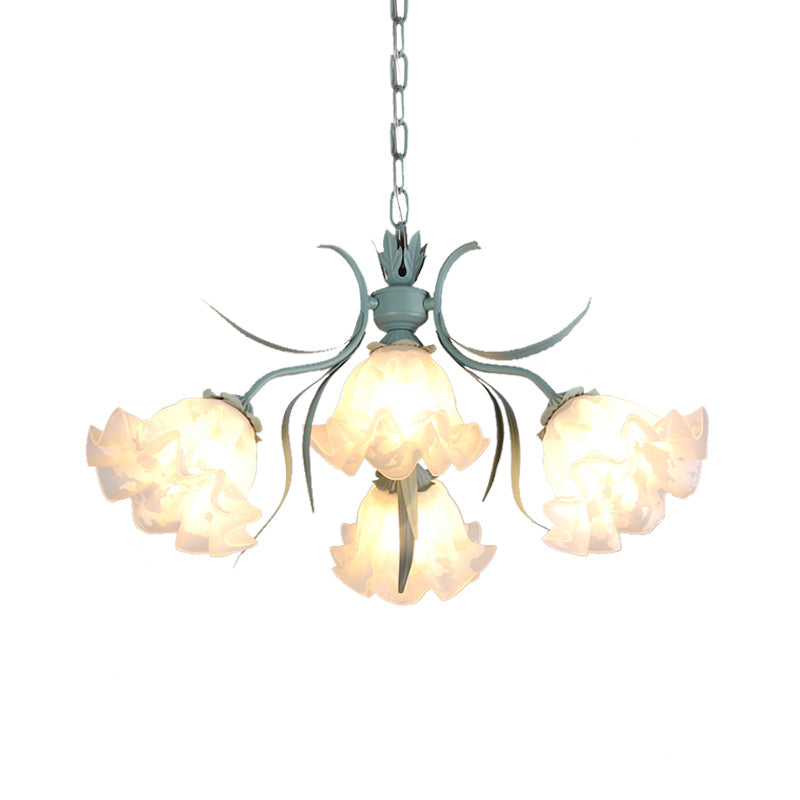 Green Glass Countryside Chandelier: White Hanging Bloom Pendant For Living Room (4/6/9 Lights)