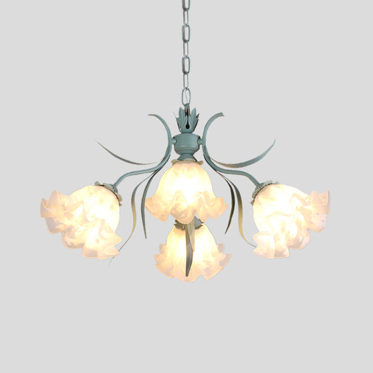 Green Glass Countryside Chandelier: White Hanging Bloom Pendant For Living Room (4/6/9 Lights)