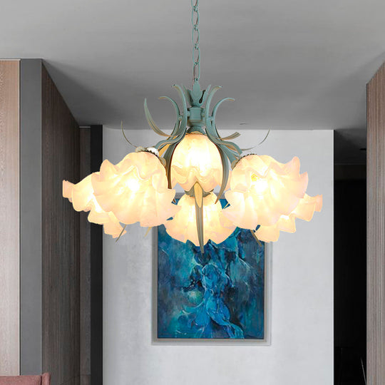 Green Glass Countryside Chandelier: White Hanging Bloom Pendant For Living Room (4/6/9 Lights)