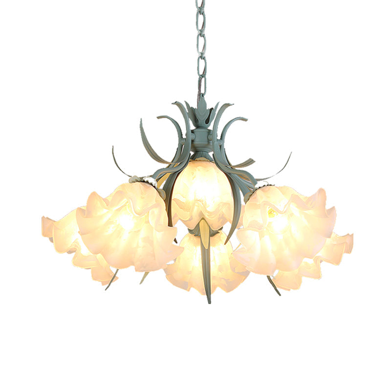 Green Glass Countryside Chandelier: White Hanging Bloom Pendant For Living Room (4/6/9 Lights)