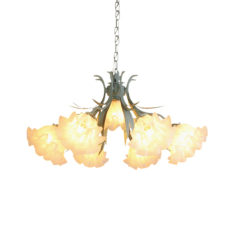 Green Glass Countryside Chandelier: White Hanging Bloom Pendant For Living Room (4/6/9 Lights)