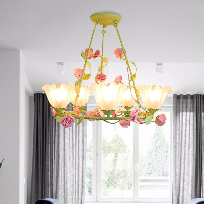 Korean Garden Opal Glass Chandelier - Scalloped Design 5 Lights Bedroom Ceiling Lamp In Pink/Yellow