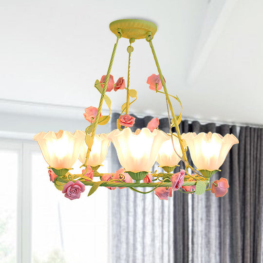 Korean Garden Opal Glass Chandelier - Scalloped Design 5 Lights Bedroom Ceiling Lamp In Pink/Yellow